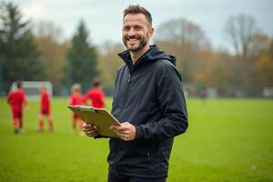 photo of coach instructor trainer teaching teenage player at soccer field,