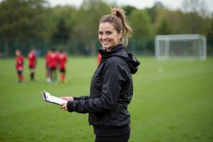photo of coach instructor trainer teaching teenage player at soccer field,