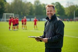 photo of coach instructor trainer teaching teenage player at soccer field,
