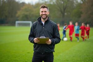photo of coach instructor trainer teaching teenage player at soccer field,