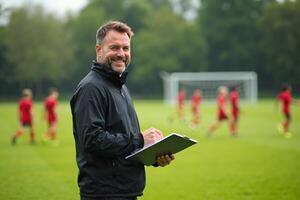 photo of coach instructor trainer teaching teenage player at soccer field,