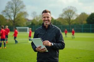 photo of coach instructor trainer teaching teenage player at soccer field,