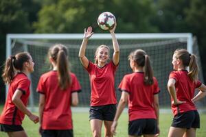 photo of coach instructor trainer teaching teenage player at soccer field,