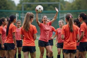 photo of coach instructor trainer teaching teenage player at soccer field,