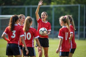 photo of coach instructor trainer teaching teenage player at soccer field,