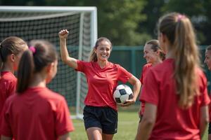 photo of coach instructor trainer teaching teenage player at soccer field,