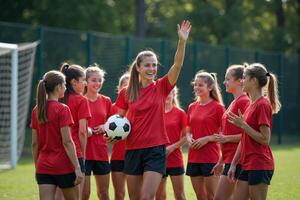photo of coach instructor trainer teaching teenage player at soccer field,