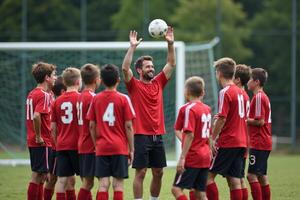 photo of coach instructor trainer teaching teenage player at soccer field,