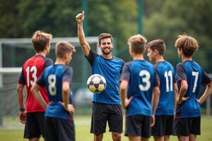 photo of coach instructor trainer teaching teenage player at soccer field,
