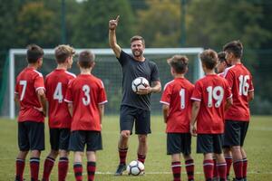 photo of coach instructor trainer teaching teenage player at soccer field,