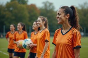 photo of teenage youth soccer player portrait group shot at soccer field,