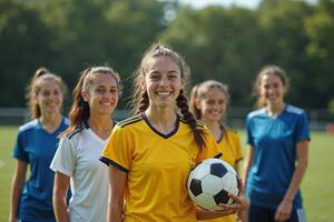 photo of teenage youth soccer player portrait group shot at soccer field,