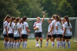 photo of coach instructor trainer teaching teenage player at soccer field,