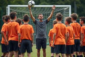 photo of coach instructor trainer teaching teenage player at soccer field,