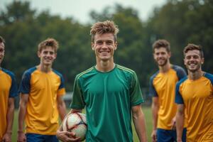 photo of teenage youth soccer player portrait group shot at soccer field,