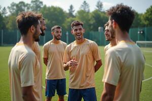 photo of teenage youth soccer player discussing to group at soccer field,