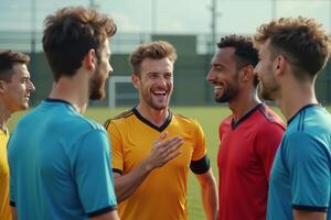 photo of teenage youth soccer player discussing to group at soccer field,