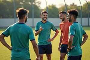 photo of teenage youth soccer player discussing to group at soccer field,