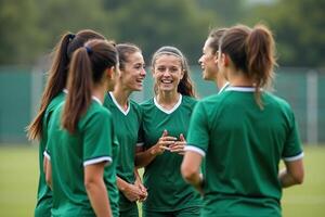 photo of teenage youth soccer player discussing to group at soccer field,