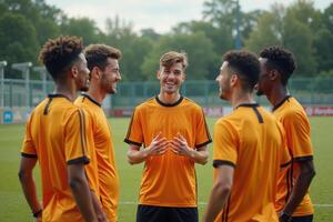 photo of teenage youth soccer player discussing to group at soccer field,