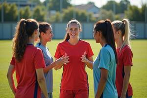 photo of teenage youth soccer player discussing to group at soccer field,