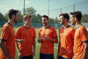 photo of teenage youth soccer player discussing to group at soccer field,