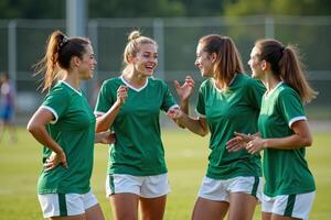 photo of teenage youth soccer player discussing to group at soccer field,