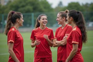 photo of teenage youth soccer player discussing to group at soccer field,