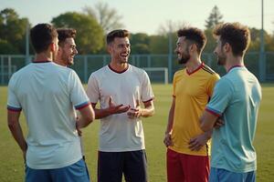 photo of teenage youth soccer player discussing to group at soccer field,