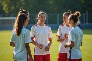 photo of teenage youth soccer player discussing to group at soccer field,