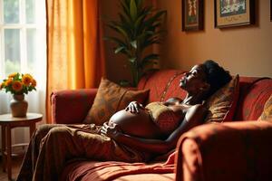 photo of pregnant woman relaxing lay down on sofa at her house,