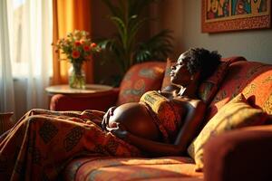 photo of pregnant woman relaxing lay down on sofa at her house,