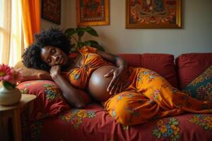 photo of pregnant woman relaxing lay down on sofa at her house,