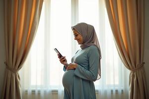 photo of muslim pregnant woman with hijab happy standing holding mobile phone at house,