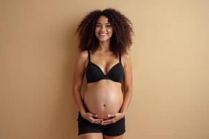 photo of pregnant woman standing pose with beige background,