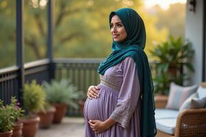 photo of pregnant woman standing pose at her fresh backyard house,