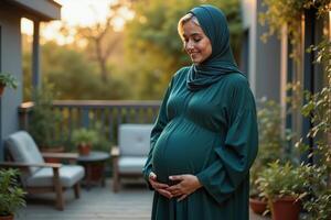 photo of pregnant woman standing pose at her fresh backyard house,