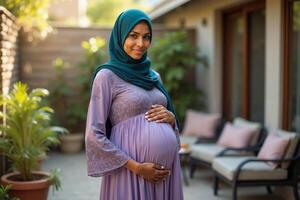 photo of pregnant woman standing pose at her fresh backyard house,