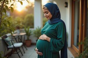 photo of pregnant woman standing pose at her fresh backyard house,