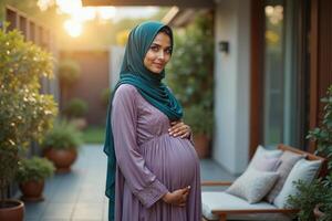 photo of pregnant woman standing pose at her fresh backyard house,