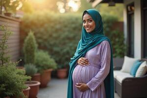 photo of pregnant woman standing pose at her fresh backyard house,