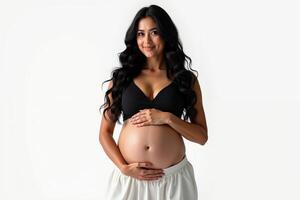 photo of pregnant woman standing pose on white background,