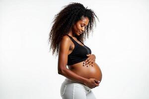 photo of pregnant woman standing pose on white background,