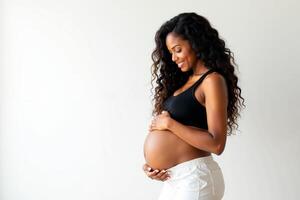 photo of pregnant woman standing pose on white background,