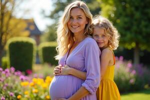 photo of pregnant woman and her kid standing and hugging at garden field,