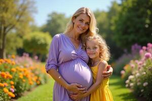 photo of pregnant woman and her kid standing and hugging at garden field,
