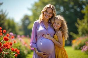 photo of pregnant woman and her kid standing and hugging at garden field,