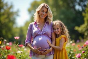 photo of pregnant woman and her kid standing and hugging at garden field,