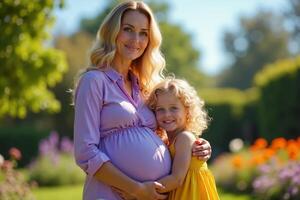 photo of pregnant woman and her kid standing and hugging at garden field,
