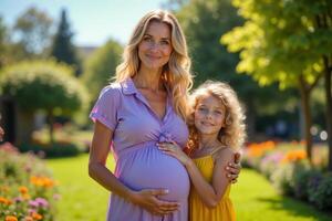 photo of pregnant woman and her kid standing and hugging at garden field,